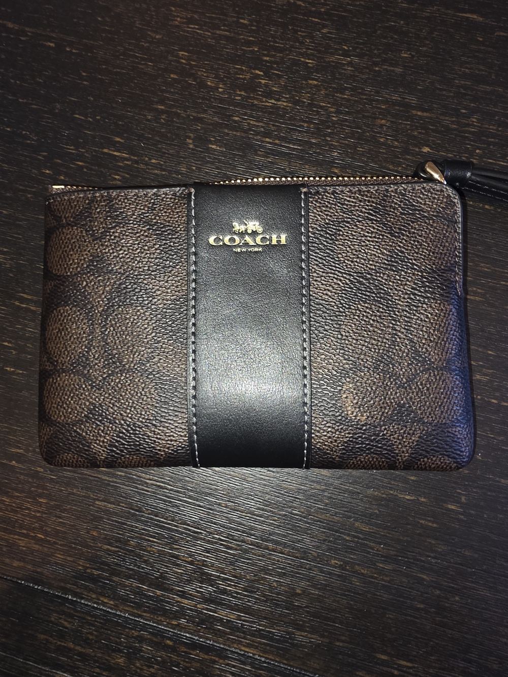 Coach Brown Signature Canvas Wristlet with Black Leather Stripe